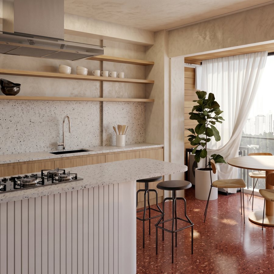 Cozinha com bancada de granilite, prateleiras de madeira e piso vermelho