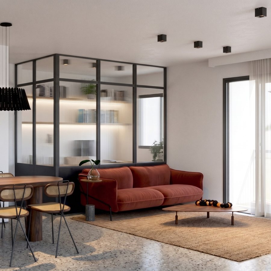 Sala com sofá terracota, mesa de jantar redonda e divisória de vidro canelado