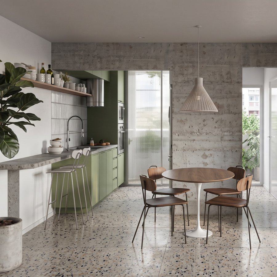 Cozinha com marcenaria verde, piso de granilite e mesa redonda de madeira