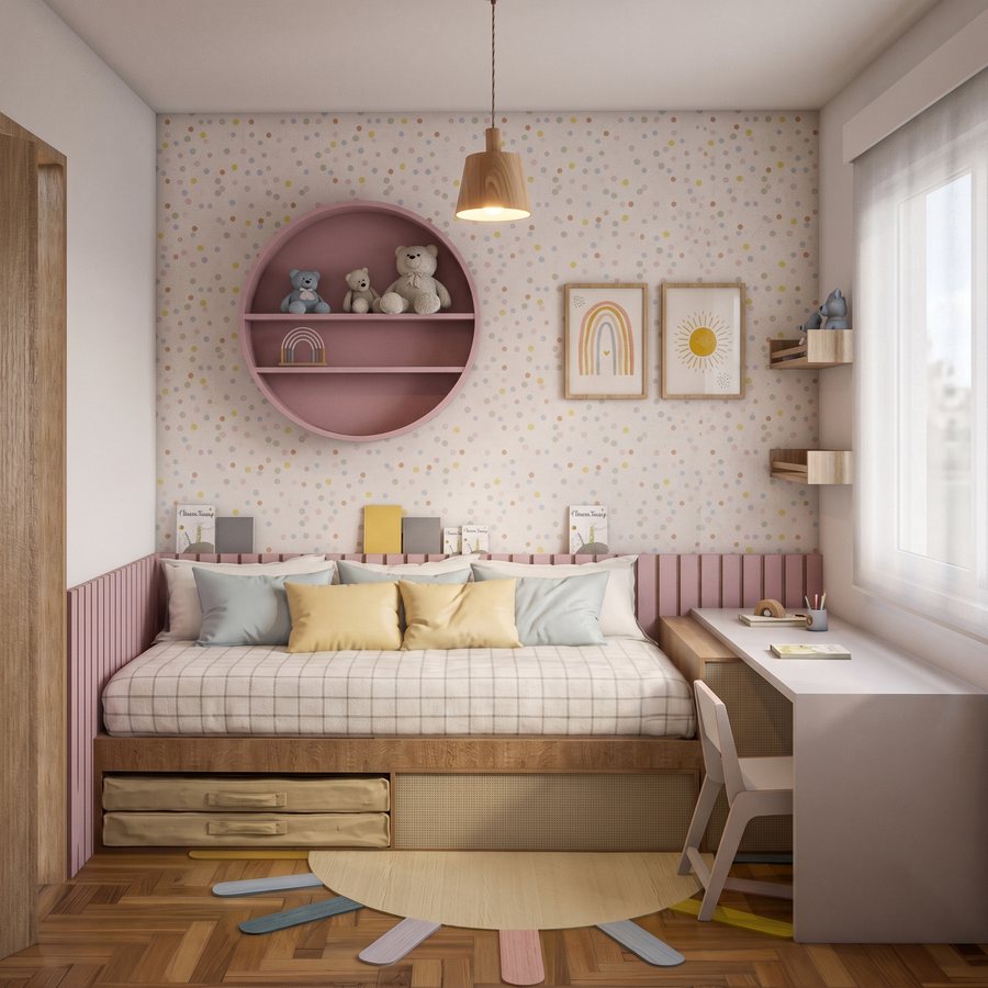 Quarto infantil com papel de parede de bolinhas, nicho redondo rosa e escrivaninha